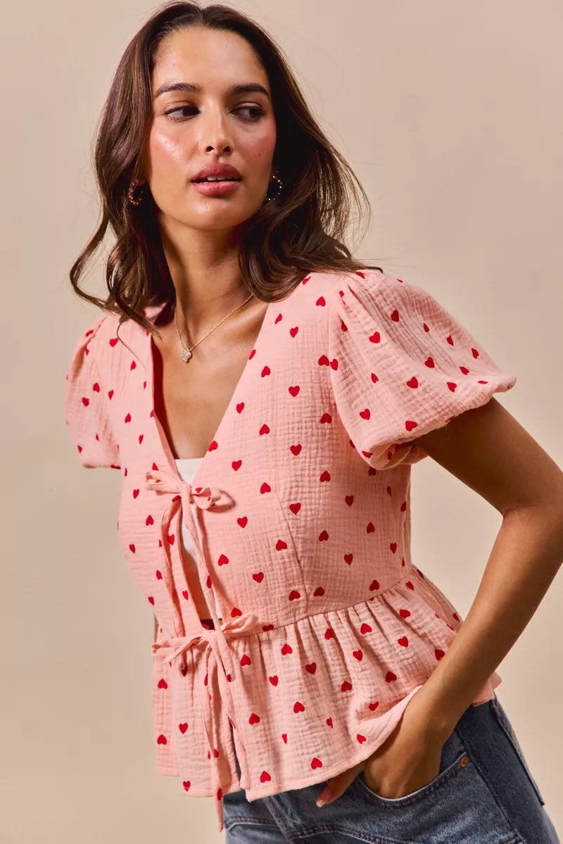All Over Heart Ribbon Tie Baby Doll Valentine Blouse