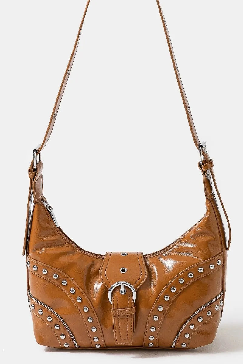 Faux Leather Studded Trim Shoulder Bag