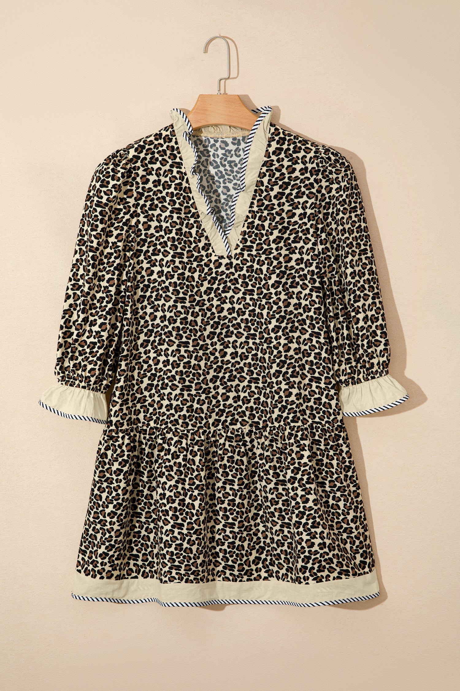Black Leopard Print Striped Color Block Trim V Neck Bracelet Sleeve Mini Dress
