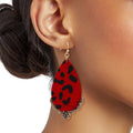 Teardrop Earrings Red Leather Animal Print Stylish Statement Jewelry
