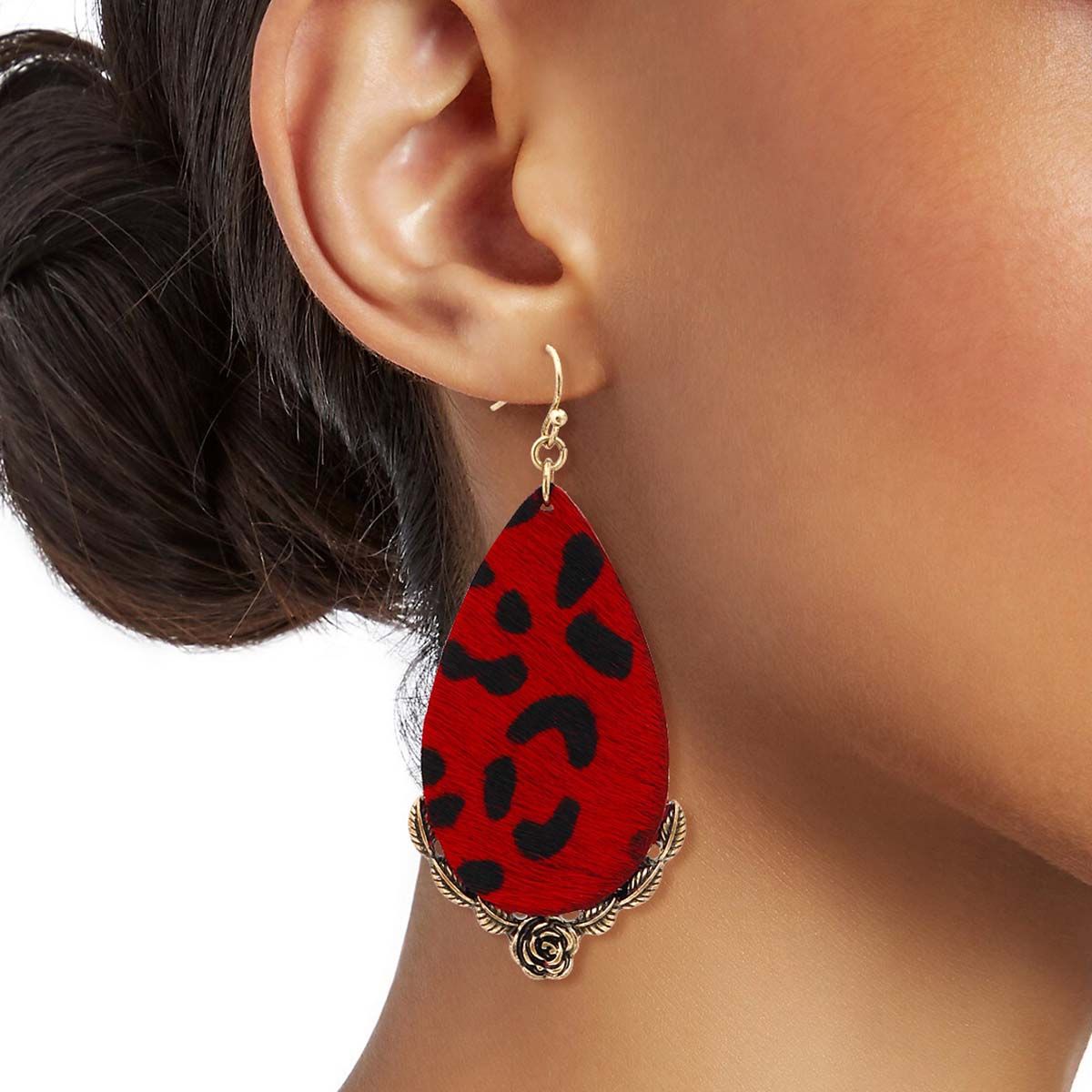 Teardrop Earrings Red Leather Animal Print Stylish Statement Jewelry