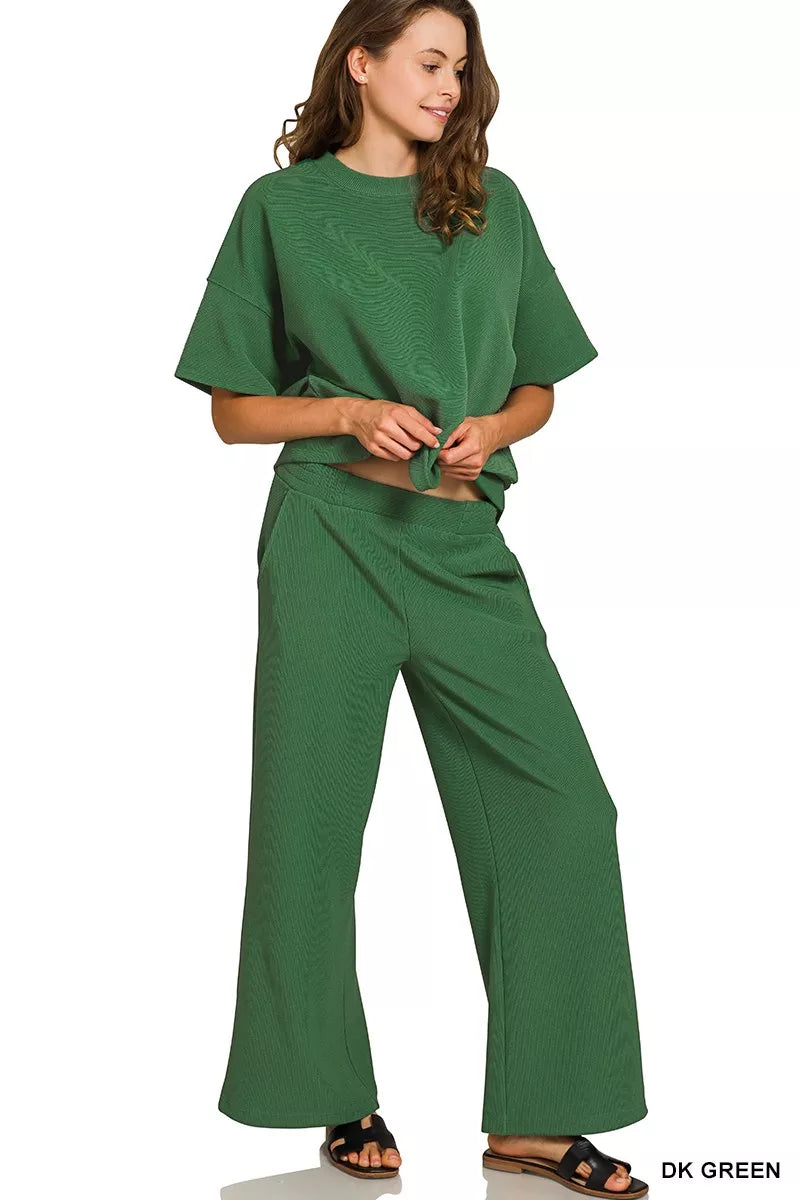 Ribbed Round Neck Tee & Pants Set