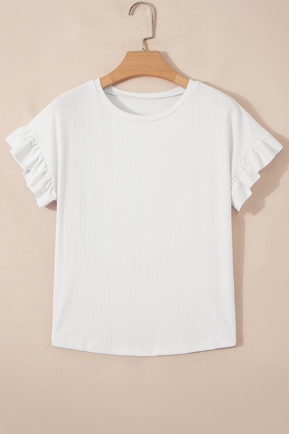 White Solid Color Ribbed Ruffled Short Sleeve T Shirt