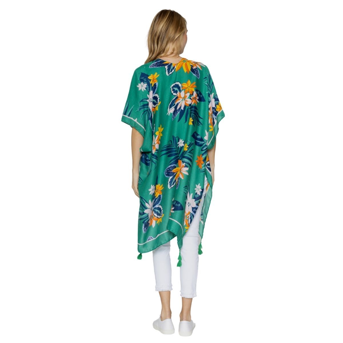 Tassel Kimono Green Tropical Floral Stylish Casual Layered