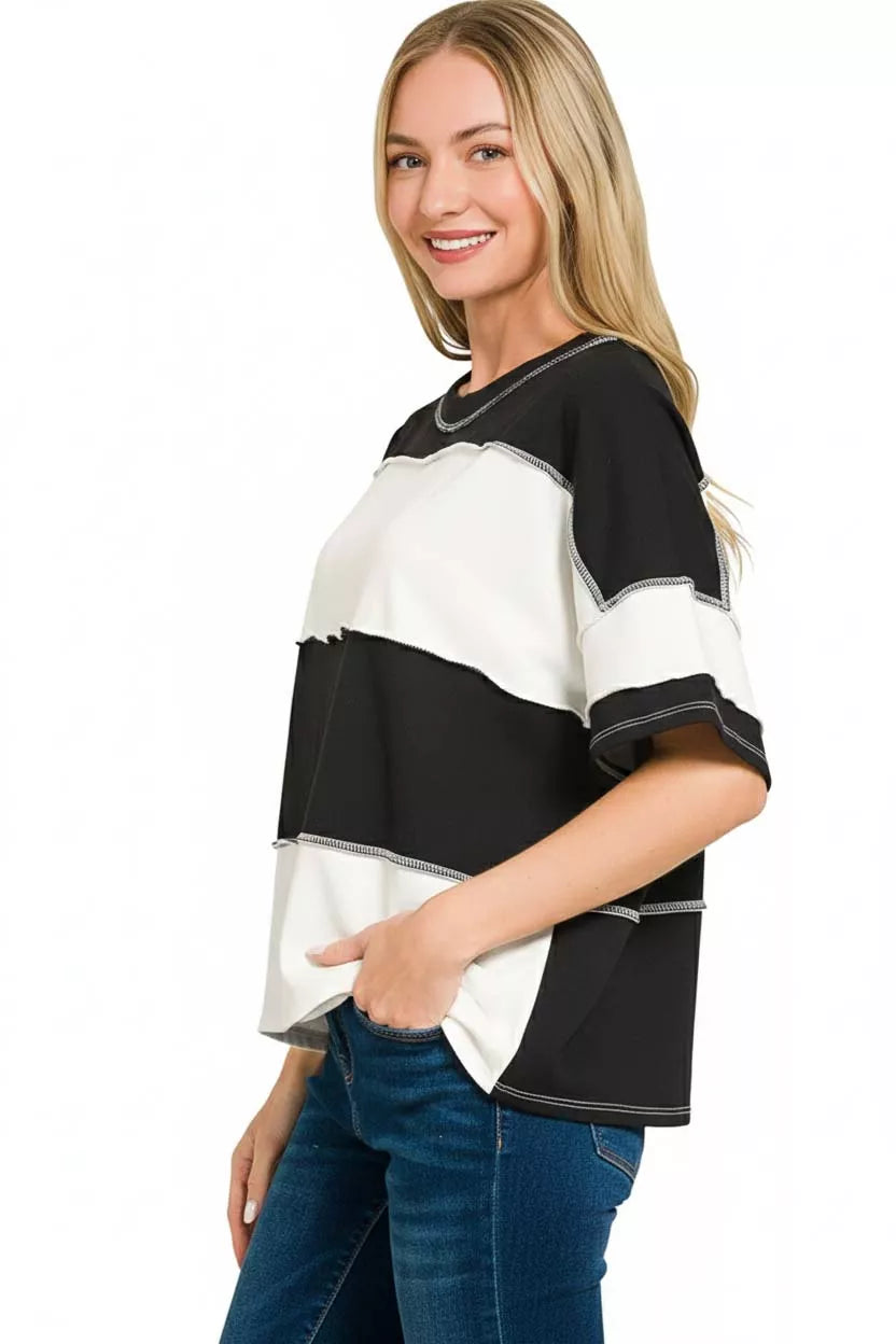 I am a Fashion Junky French Terry Color Block Exposed Seam Top
