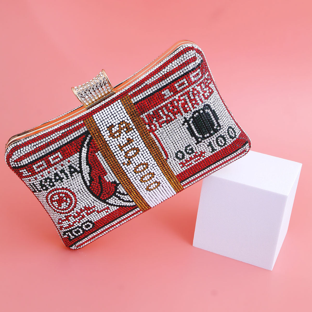 Luxury Red Bling Statement Clutch with Banded Detail