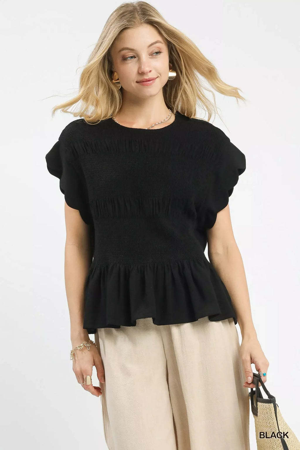 Linen Blend Smocked Peplum Blouse
