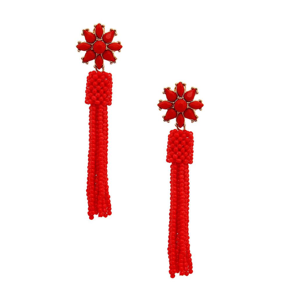 Seed Bead Earrings Red Flower Stylish Statement Jewelry