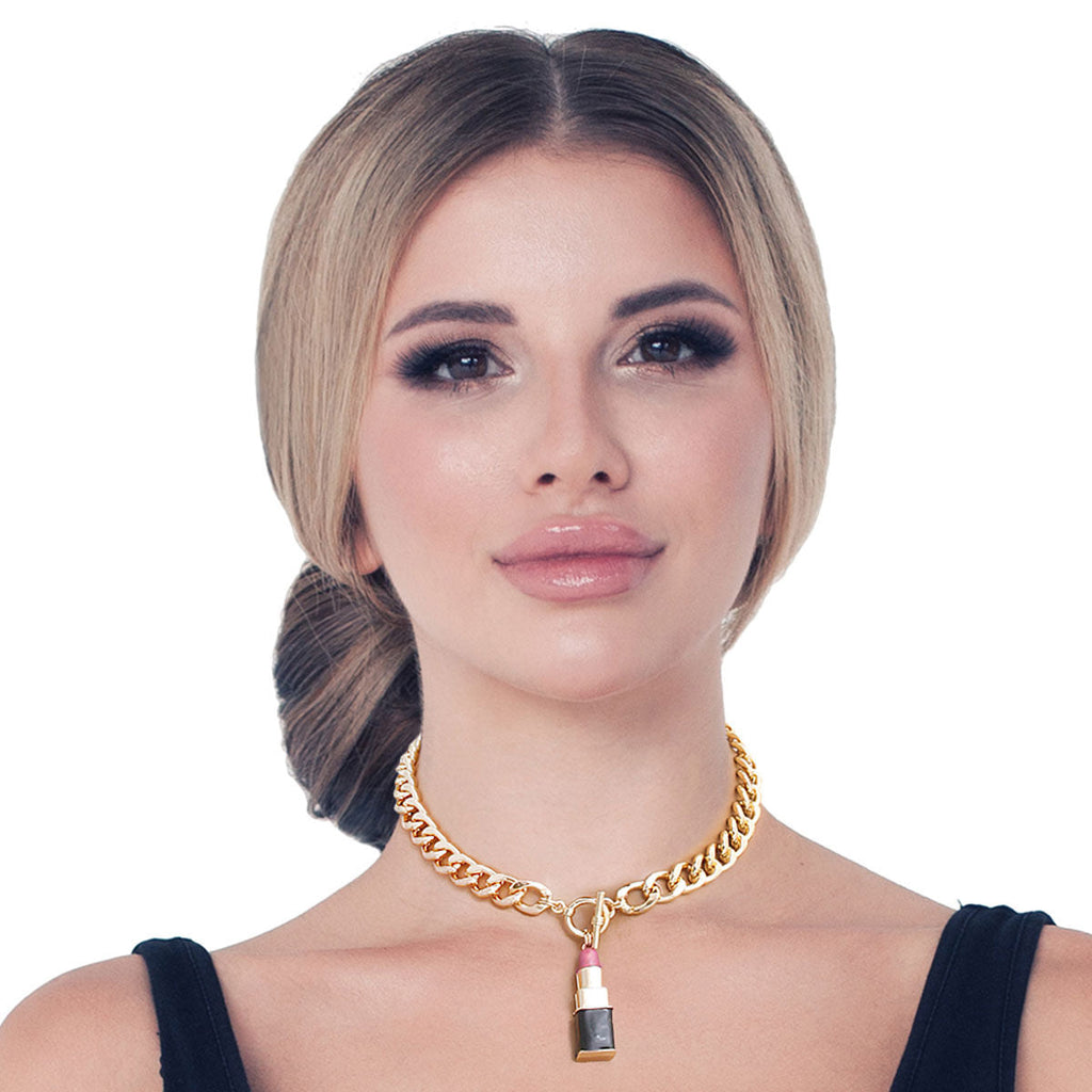 Charm Necklace with Pink Lipstick Pendant – Trendy Fashion Jewelry Accessory