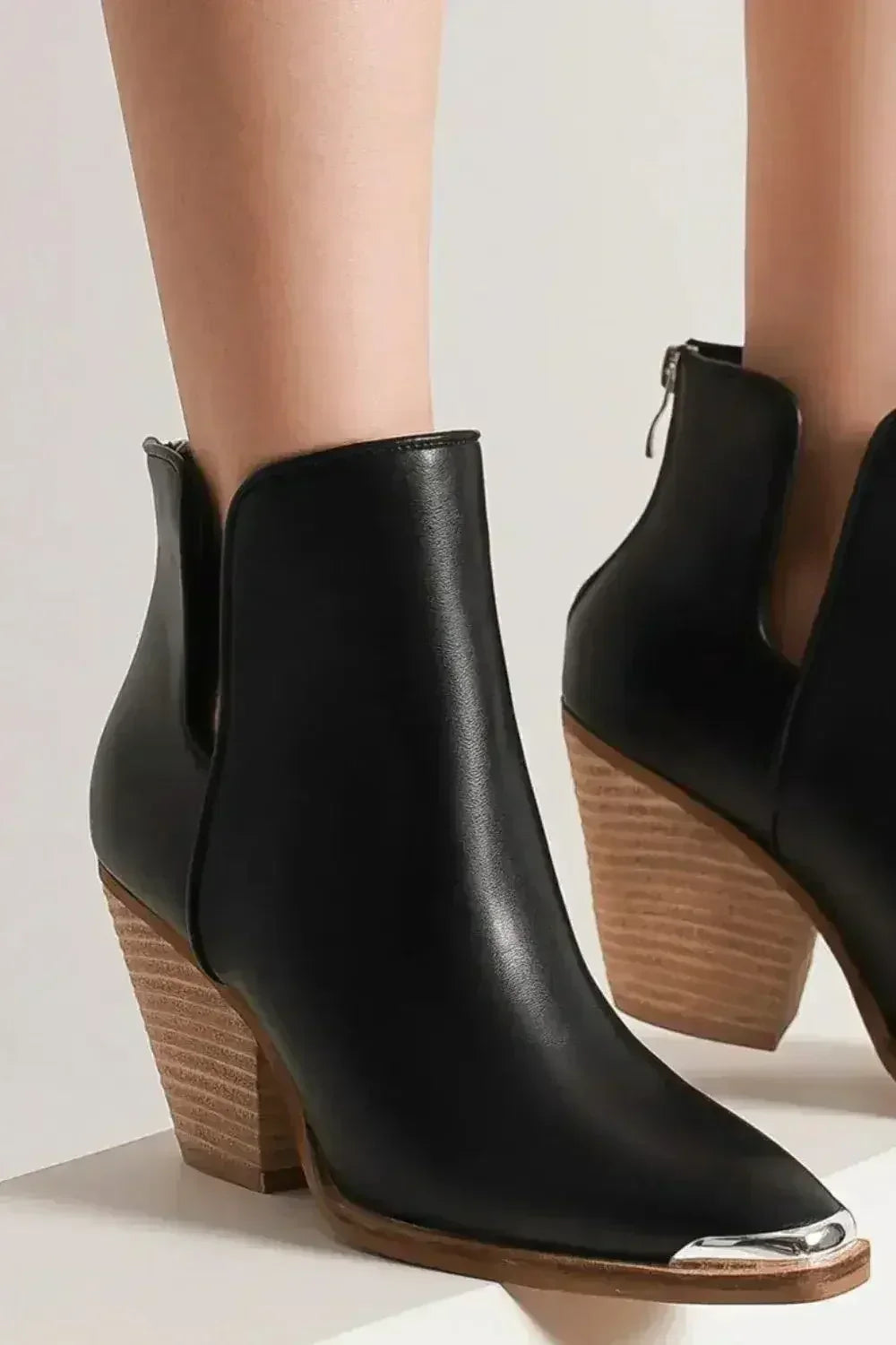 Metal-Toe Ankle Boots - 3.5" Block Heel - Faux Leather Pointed-Toe