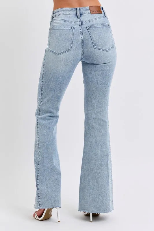 Full Size Mid Rise Rhinestone Side Panel Detail Flare Jeans Plus Size