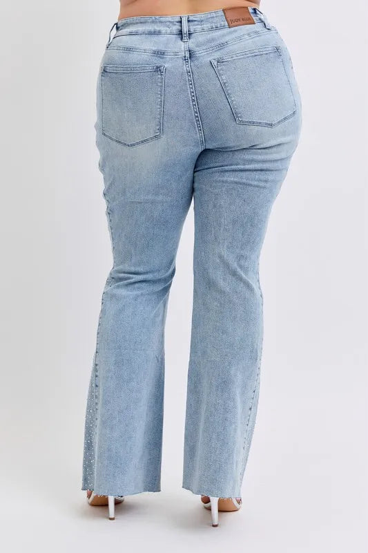 Full Size Mid Rise Rhinestone Side Panel Detail Flare Jeans Plus Size