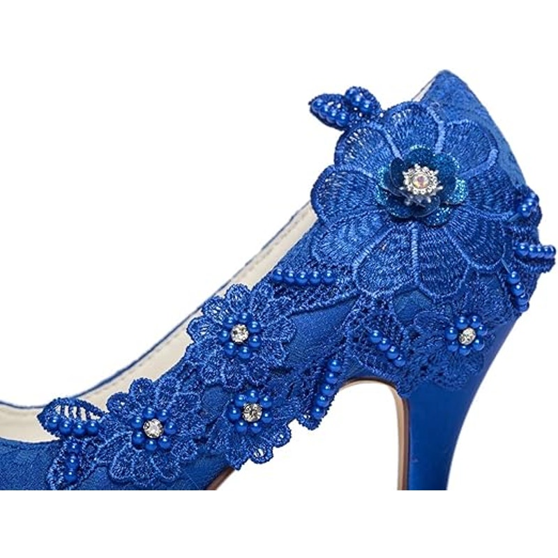 Emily Womens Size 9.5 Royal Blue Floral Lace Peep Toe 4" Heel Slip On Pump Shoes