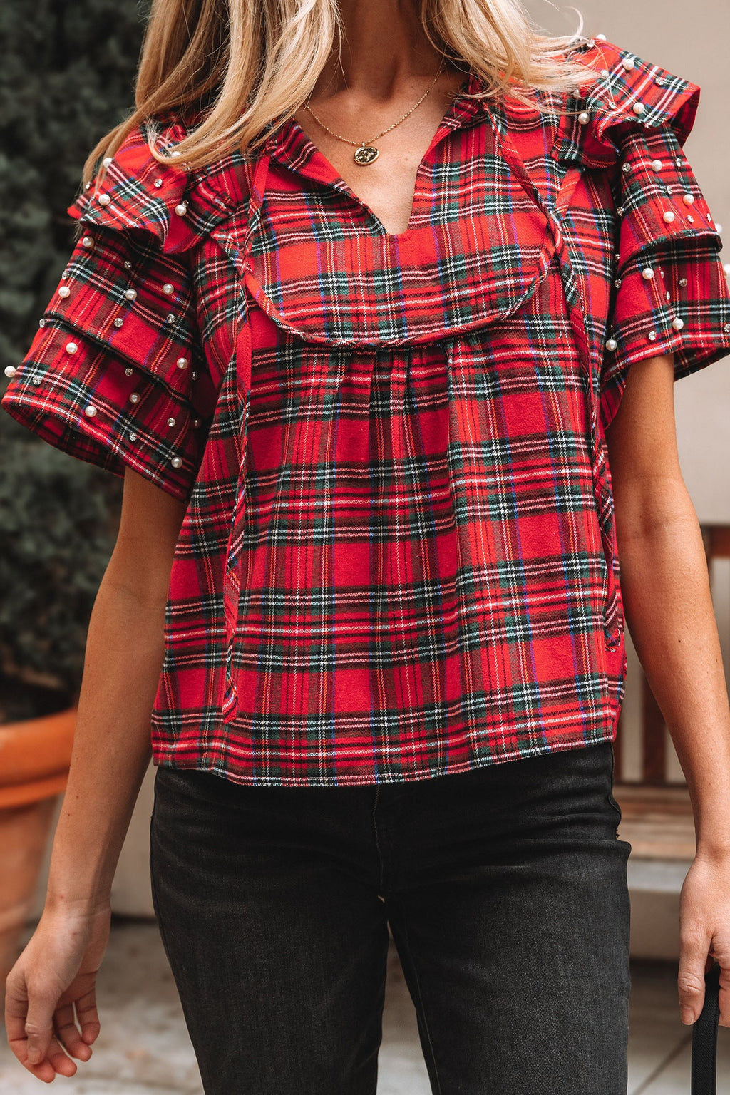Red Festive Plaid Pearl Embellished Ruffle Short Sleeve Blouse