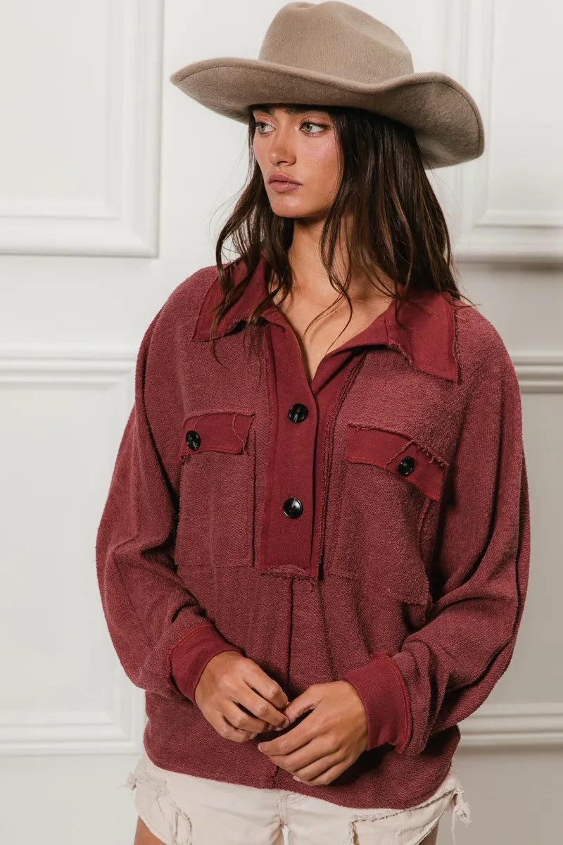 Cp French Terry Cut Edge Detail Collared Top
