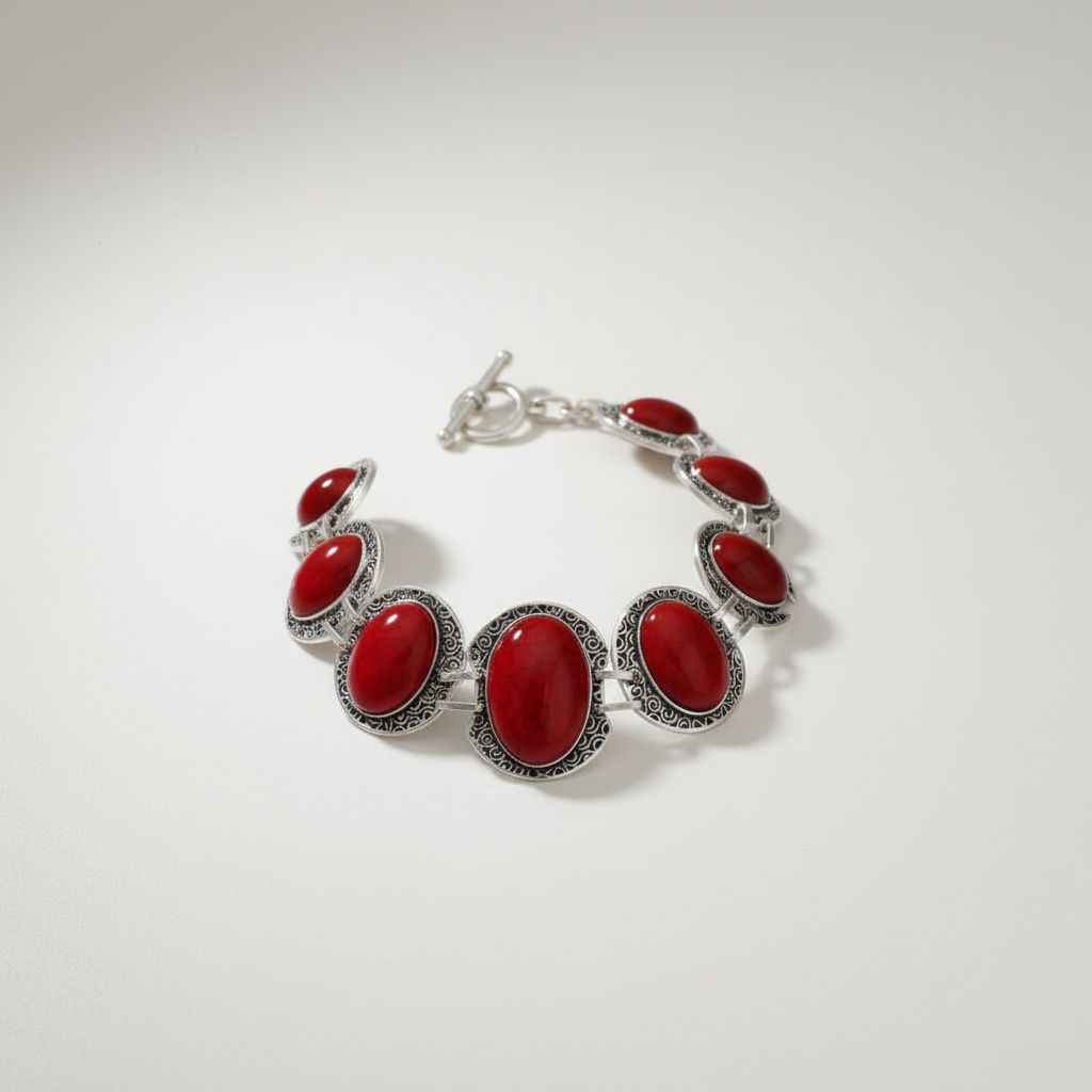Silver Burnished Red Oval Cracked Linked Bracelet – Stylish Statement Jewelry