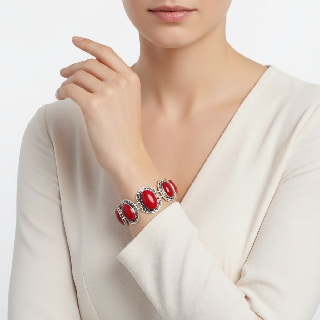 Silver Burnished Red Oval Cracked Linked Bracelet – Stylish Statement Jewelry