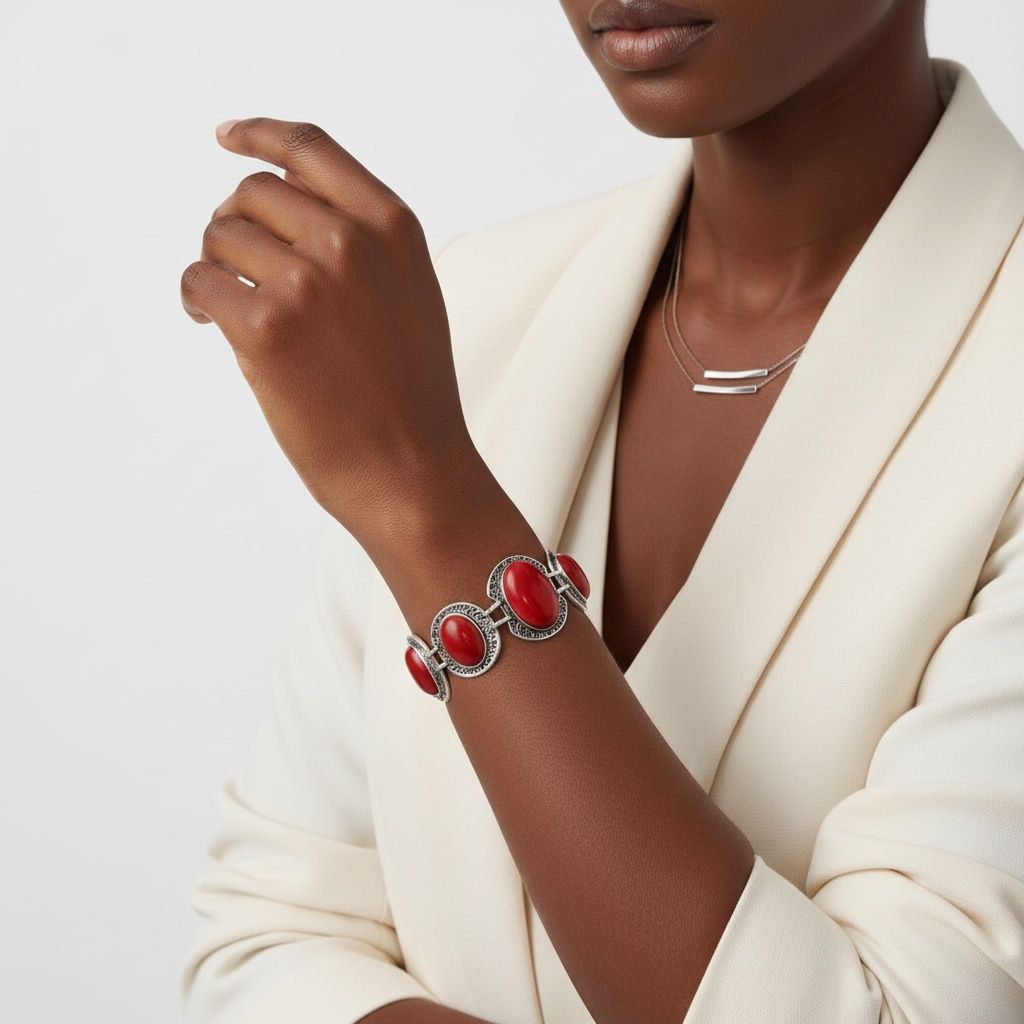 Silver Burnished Red Oval Cracked Linked Bracelet – Stylish Statement Jewelry