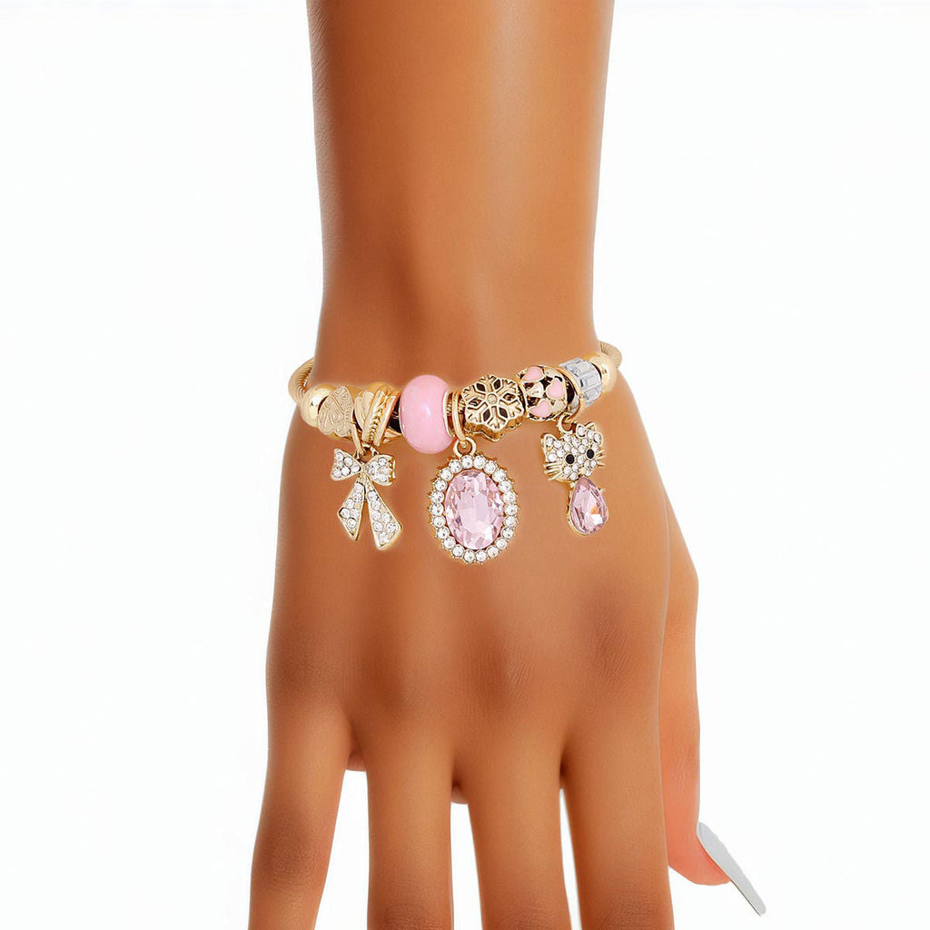 Women’s Gold Cable Bangle Bracelet with Pink Kitty Accent – Stylish Fashion Jewelry