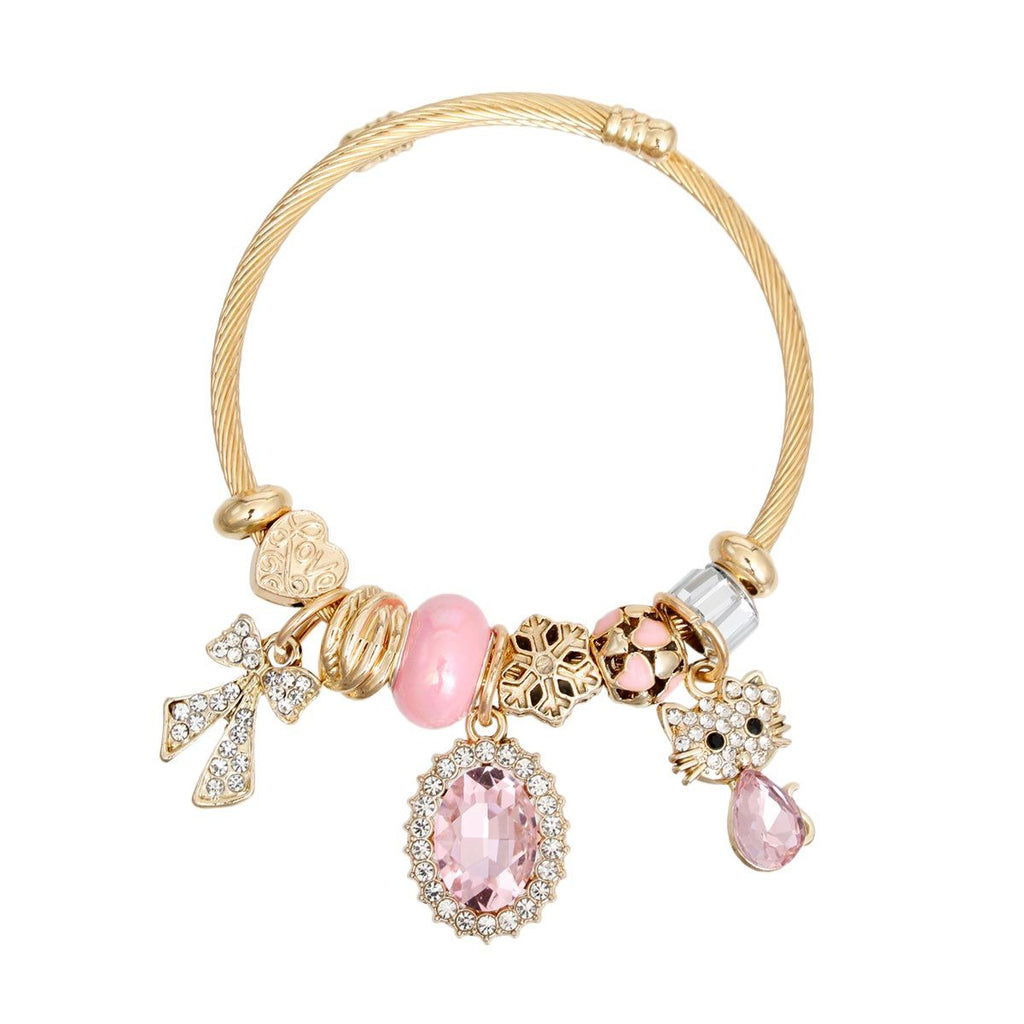 Women’s Gold Cable Bangle Bracelet with Pink Kitty Accent – Stylish Fashion Jewelry