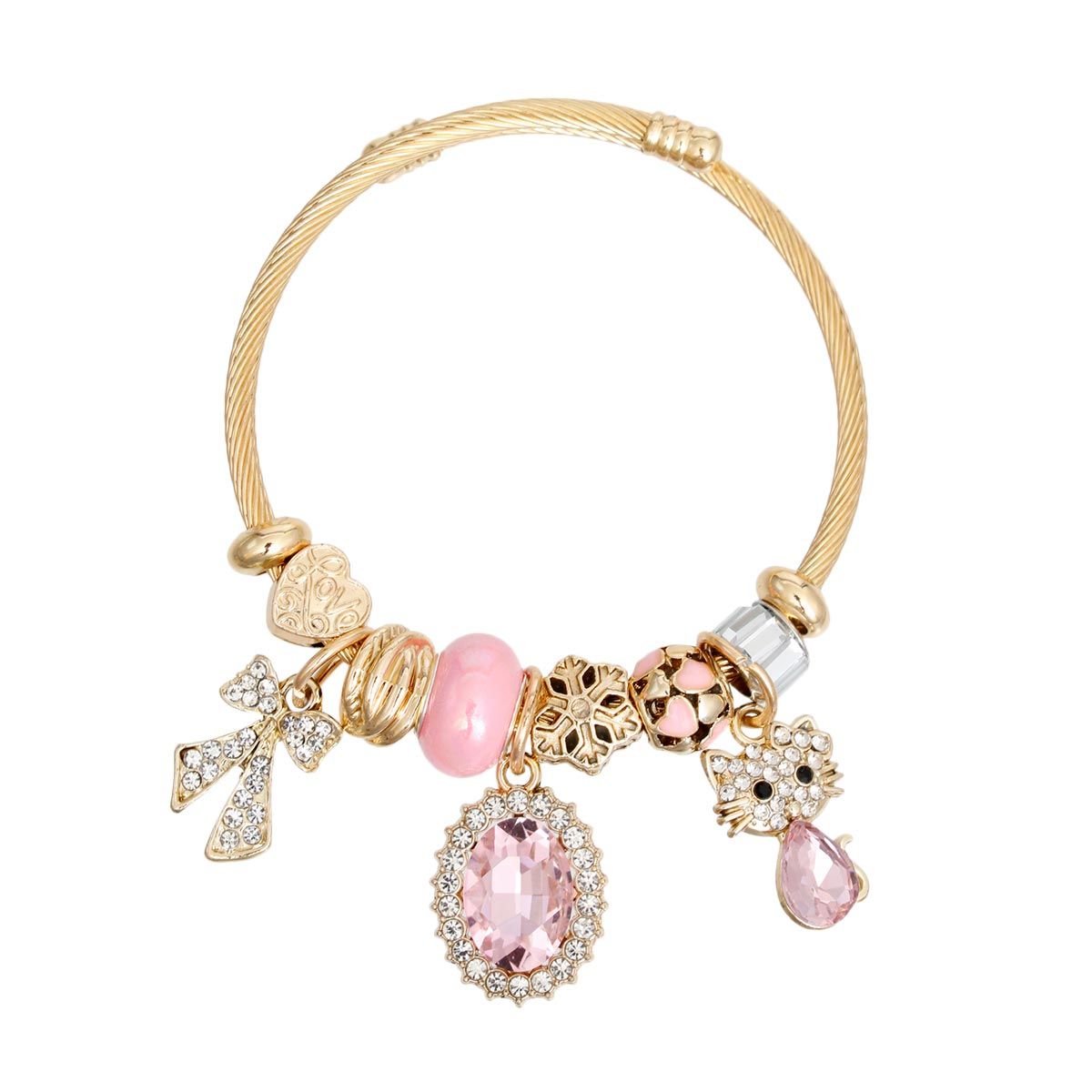 Women’s Gold Cable Bangle Bracelet with Pink Kitty Accent – Stylish Fashion Jewelry