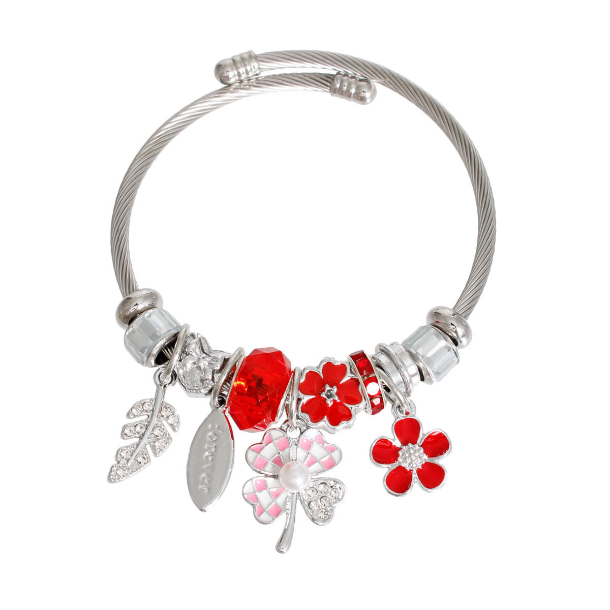 Cable Bangle Silver Red Clover Stylish Jewelry Accessory