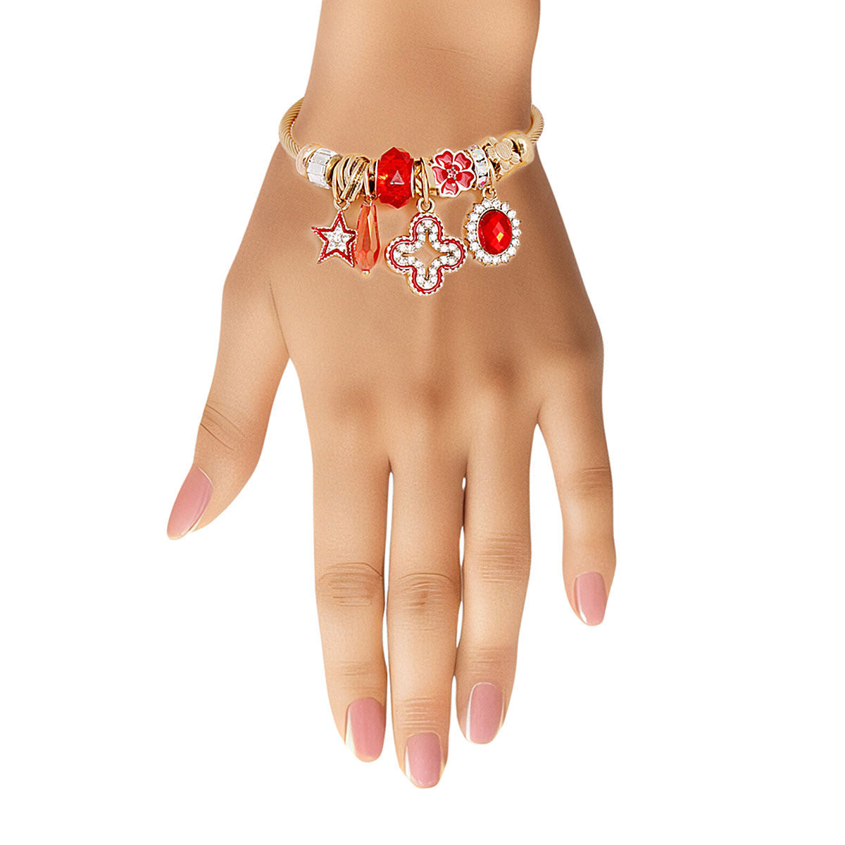 Cable Bangle with Gold and Red Crystal Accent – Stylish Statement Jewelry