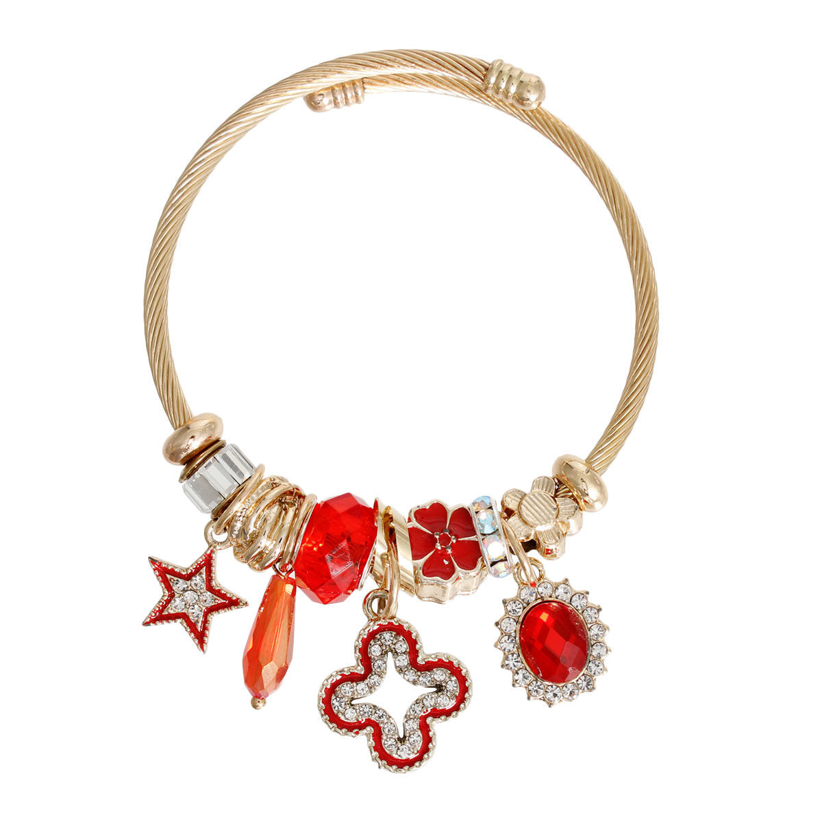 Cable Bangle with Gold and Red Crystal Accent – Stylish Statement Jewelry