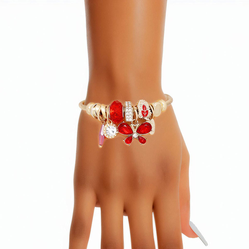 Women’s Gold Cable Bangle Bracelet with Red Butterfly – Stylish Statement Jewelry