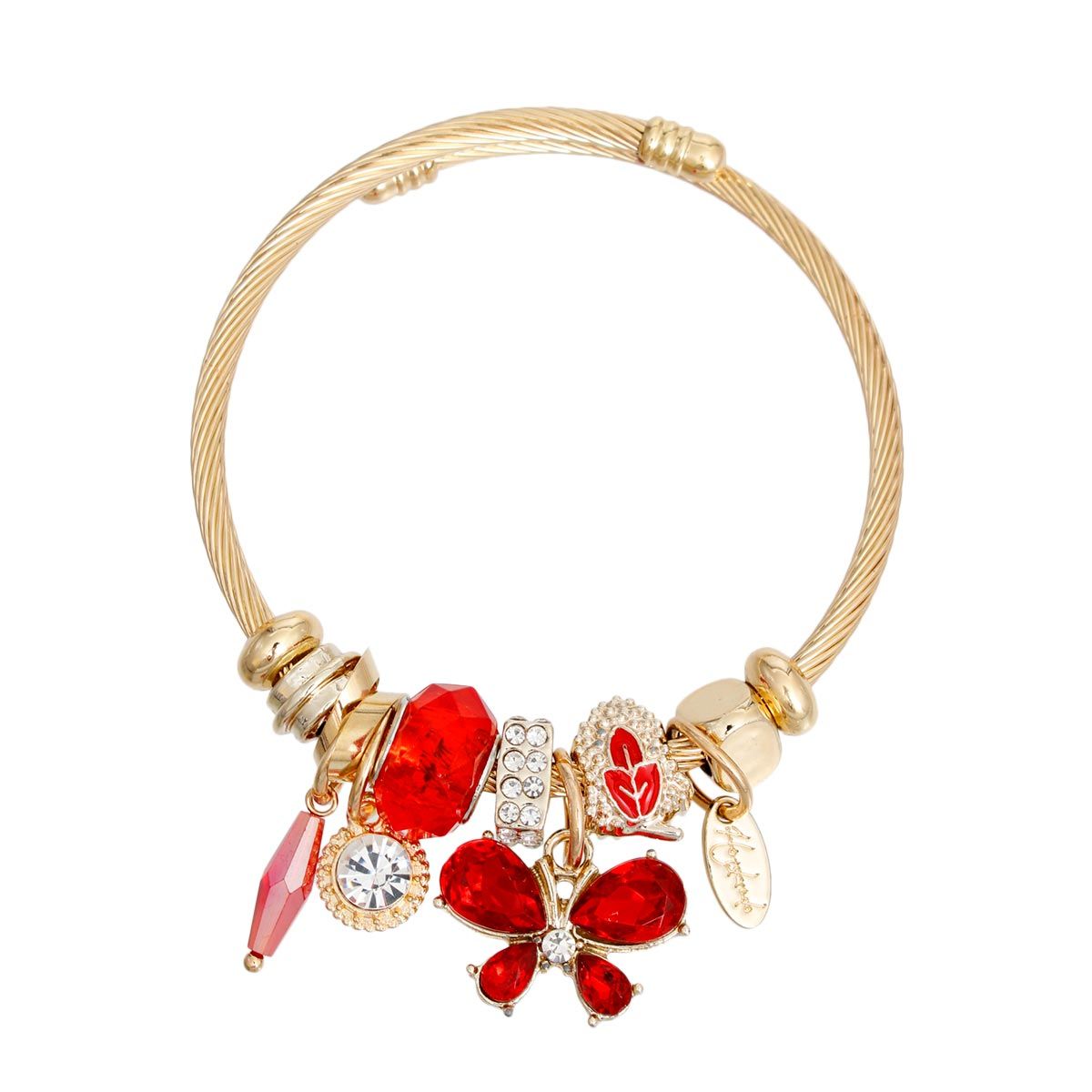Women’s Gold Cable Bangle Bracelet with Red Butterfly – Stylish Statement Jewelry