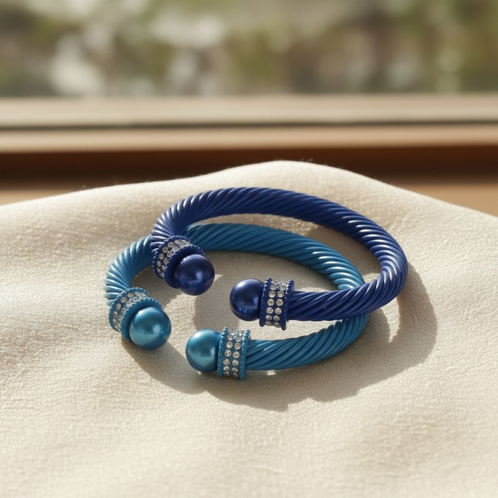 Thick Blue Cable Bangles 2 Pcs Trendy Stylish Statement Jewelry Accessories