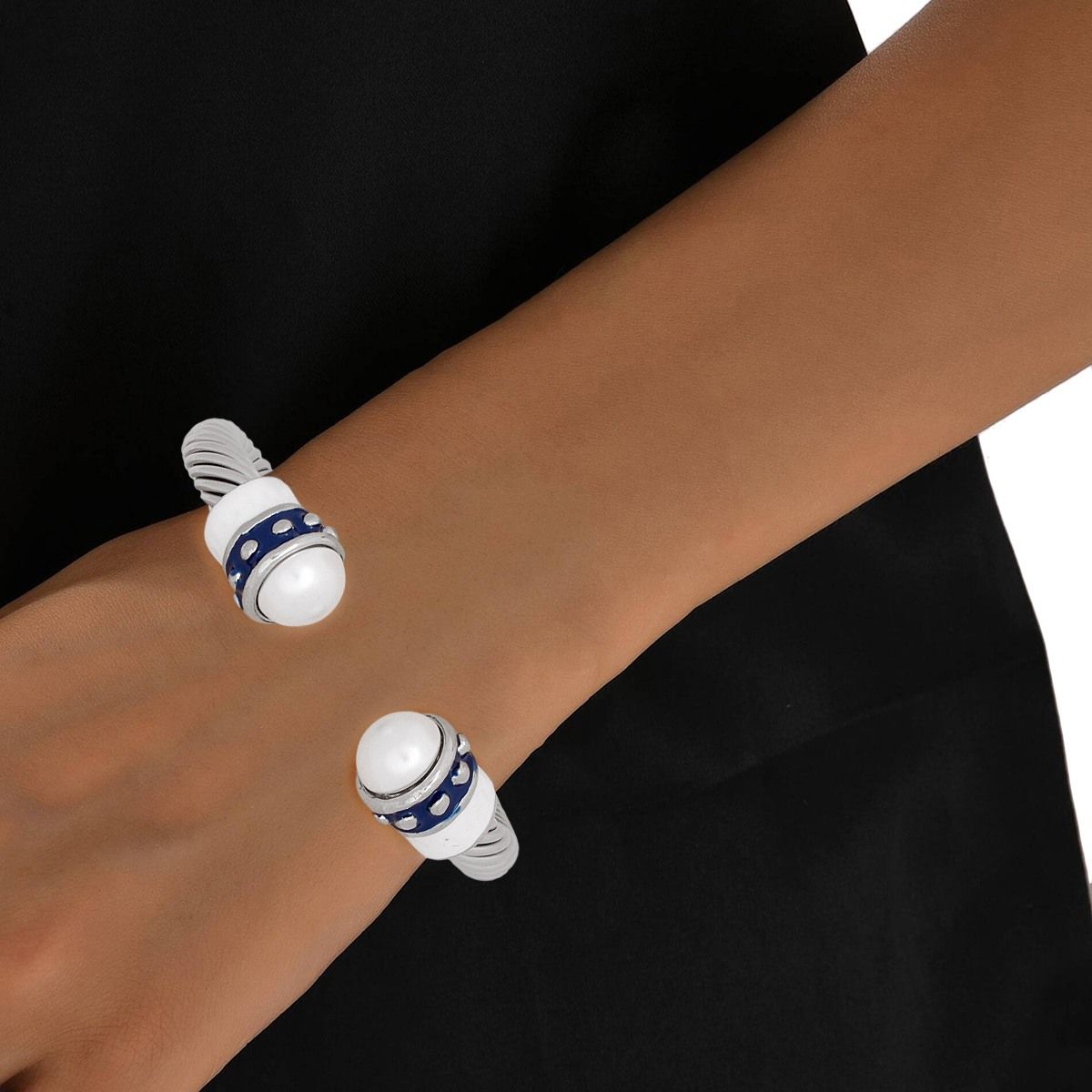 Silver Bangle Thick Blue White Cable Classic Stylish Jewelry