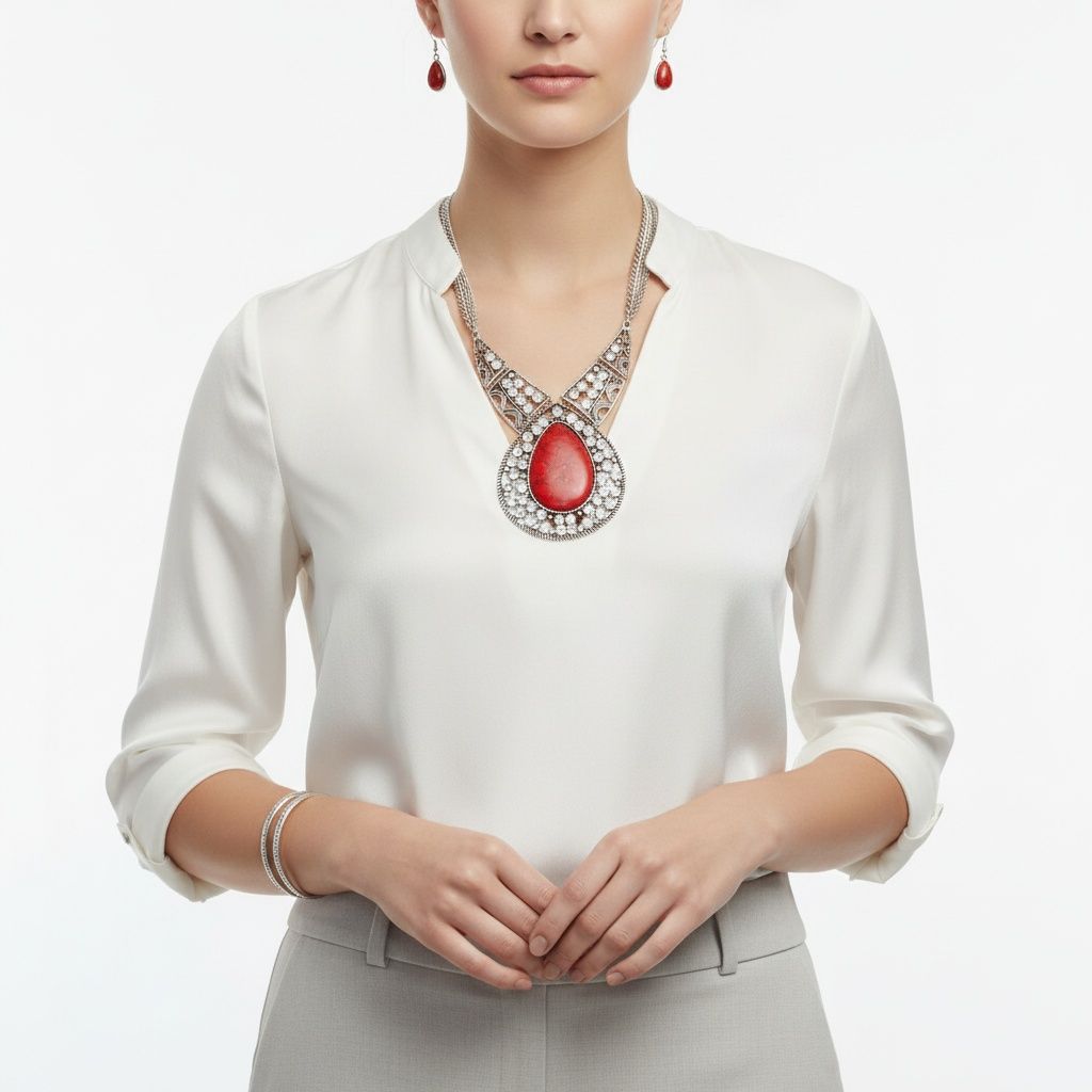 Statement Necklace XL Red Cracked Teardrop Tribal Pendant Stylish Fashion Jewelry
