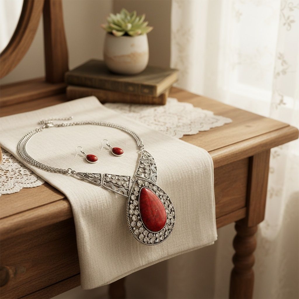 Statement Necklace XL Red Cracked Teardrop Tribal Pendant Stylish Fashion Jewelry