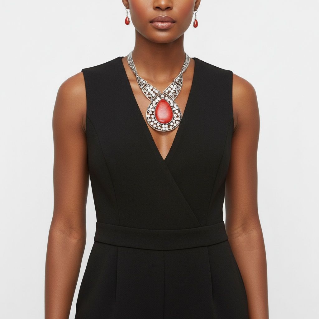 Statement Necklace XL Red Cracked Teardrop Tribal Pendant Stylish Fashion Jewelry