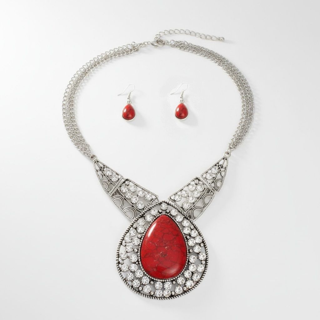 Statement Necklace XL Red Cracked Teardrop Tribal Pendant Stylish Fashion Jewelry