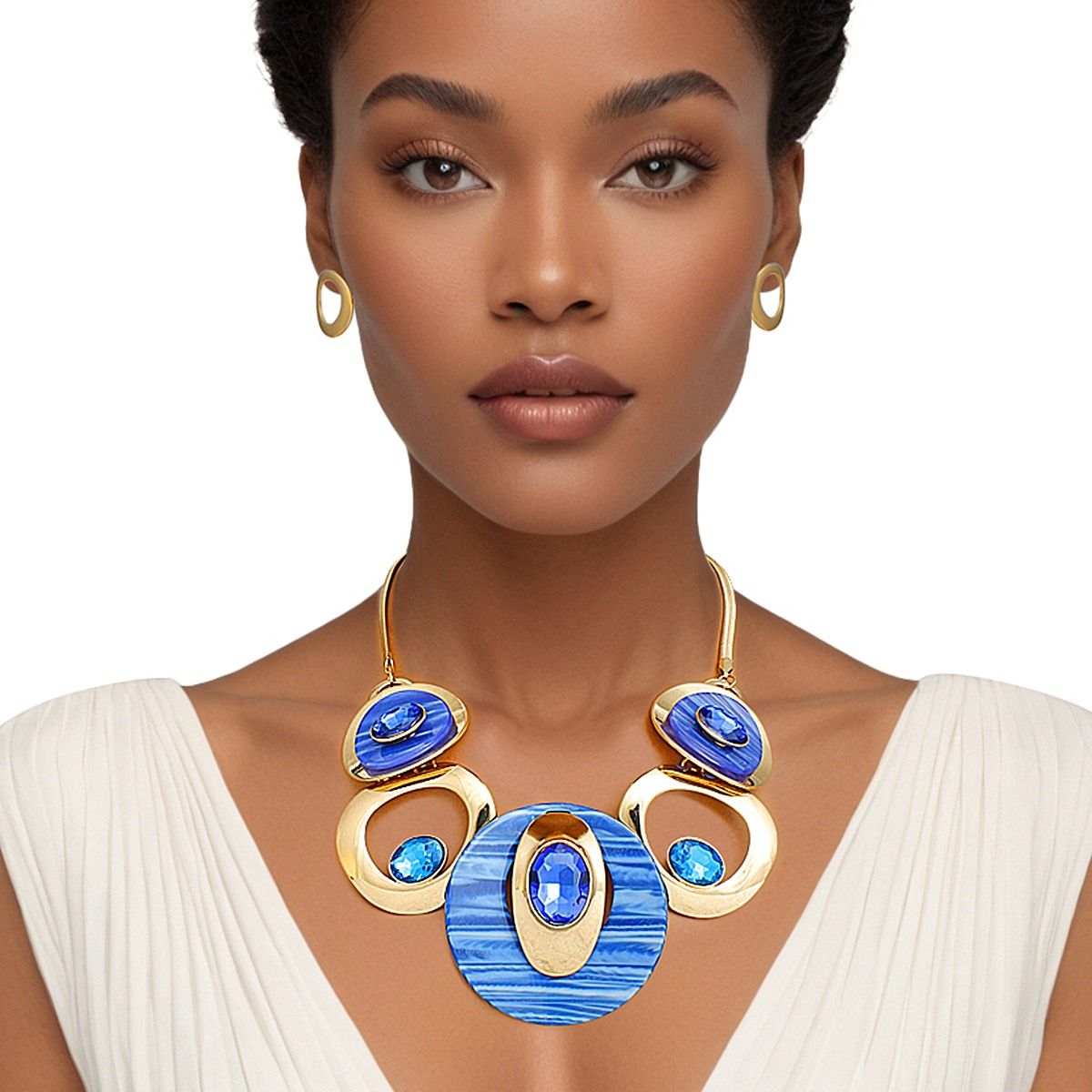 Statement Necklace Blue Circular Gold Bib for Women Stylish Chic Jewelry