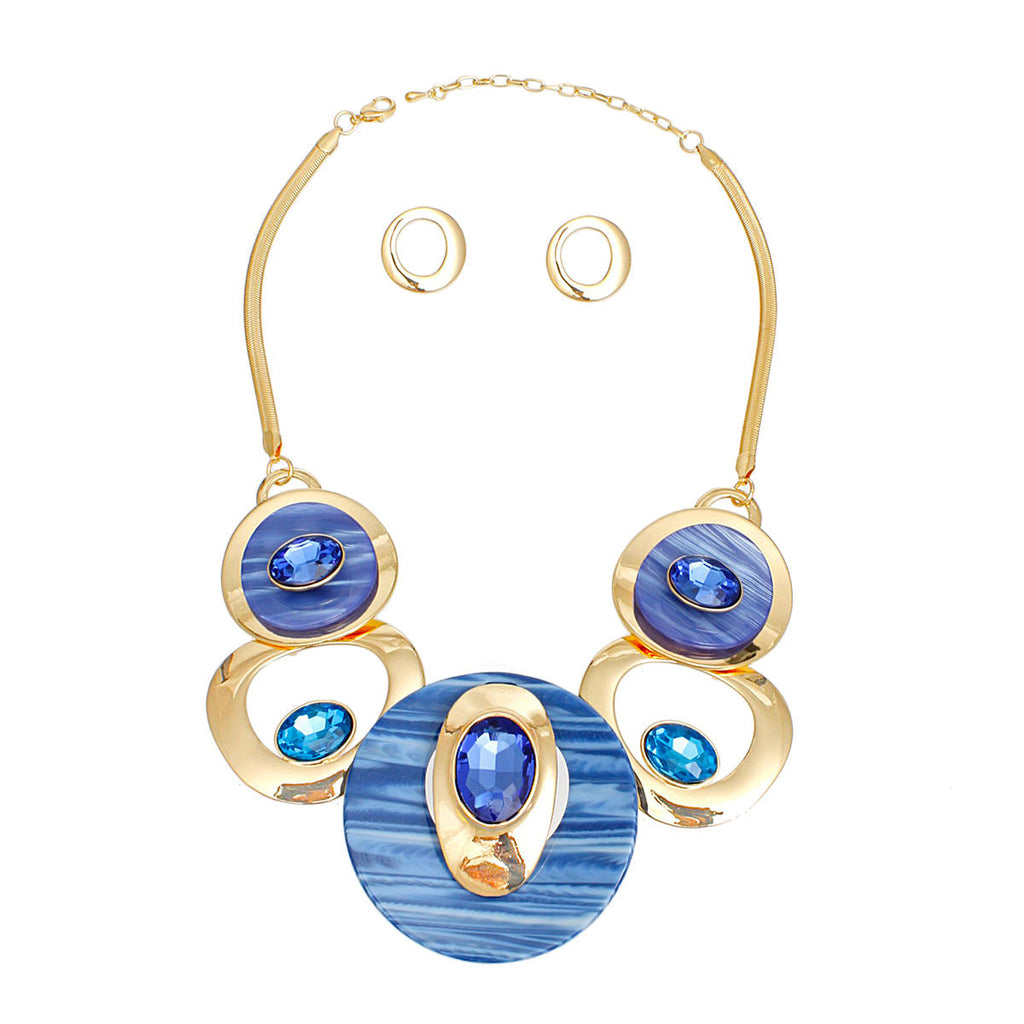 Statement Necklace Blue Circular Gold Bib for Women Stylish Chic Jewelry
