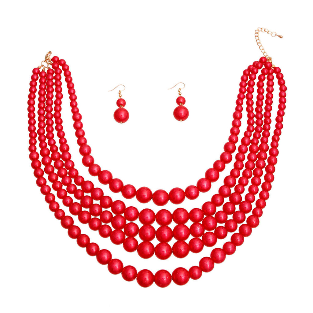 Layered Red Pearl Necklace 5-Layer Statement Jewelry Set
