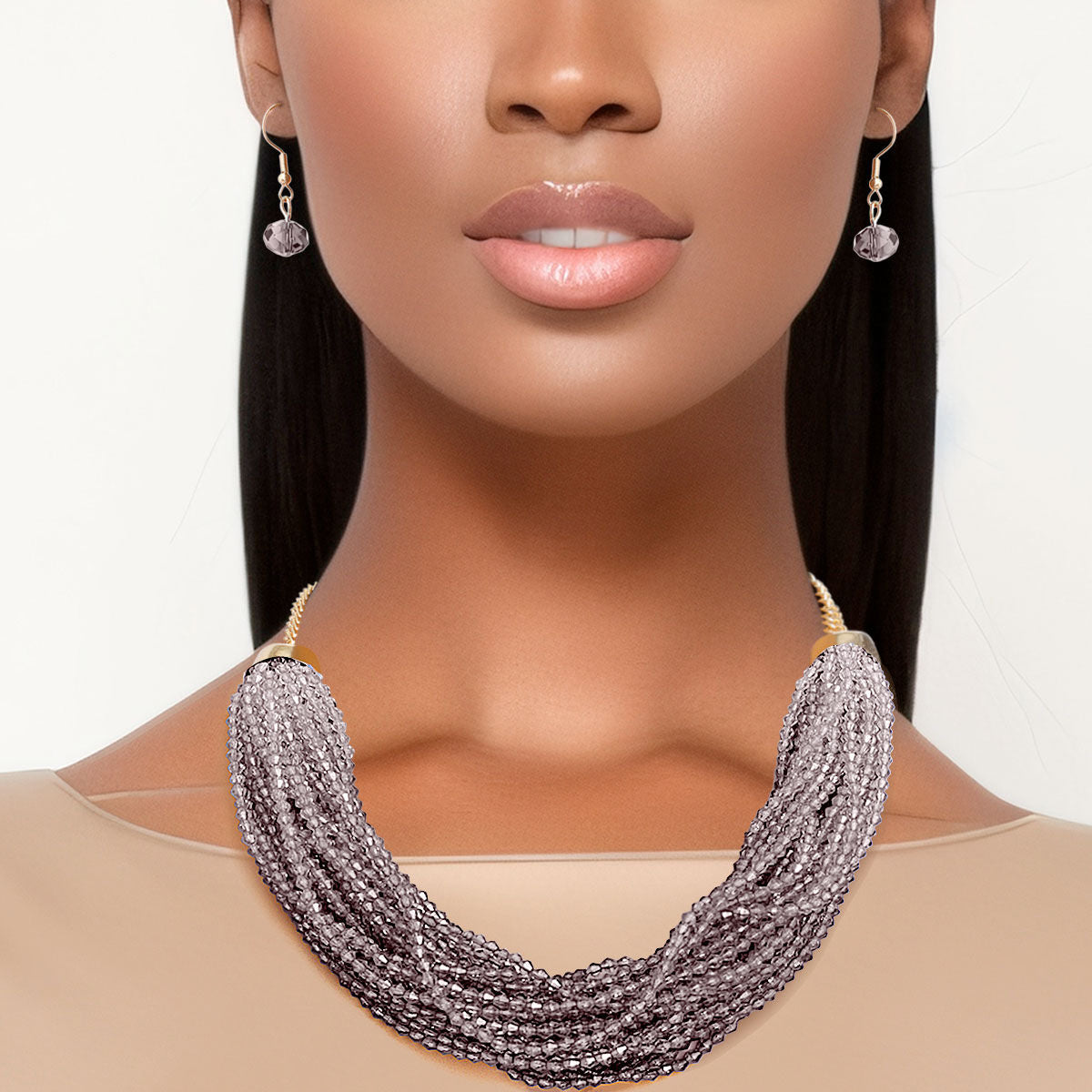 Layered 34 Strand Gray Bead Statement Necklace Stylish Chic Accessory