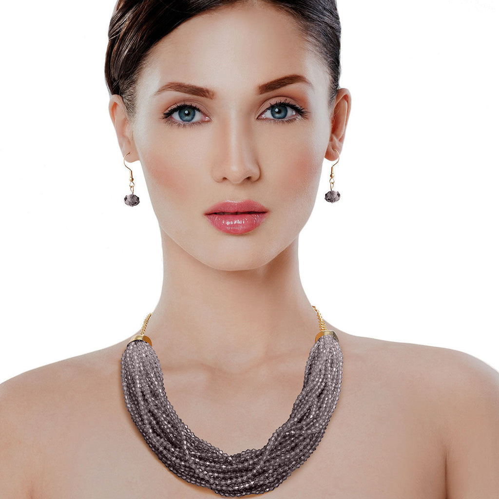 Layered 34 Strand Gray Bead Statement Necklace Stylish Chic Accessory