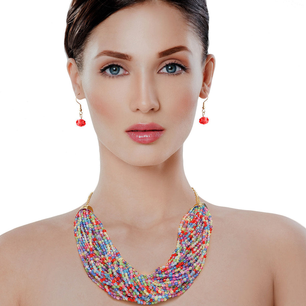 Statement Layered 34 Strand Multi Color Bead Necklace Stylish Chic Jewelry