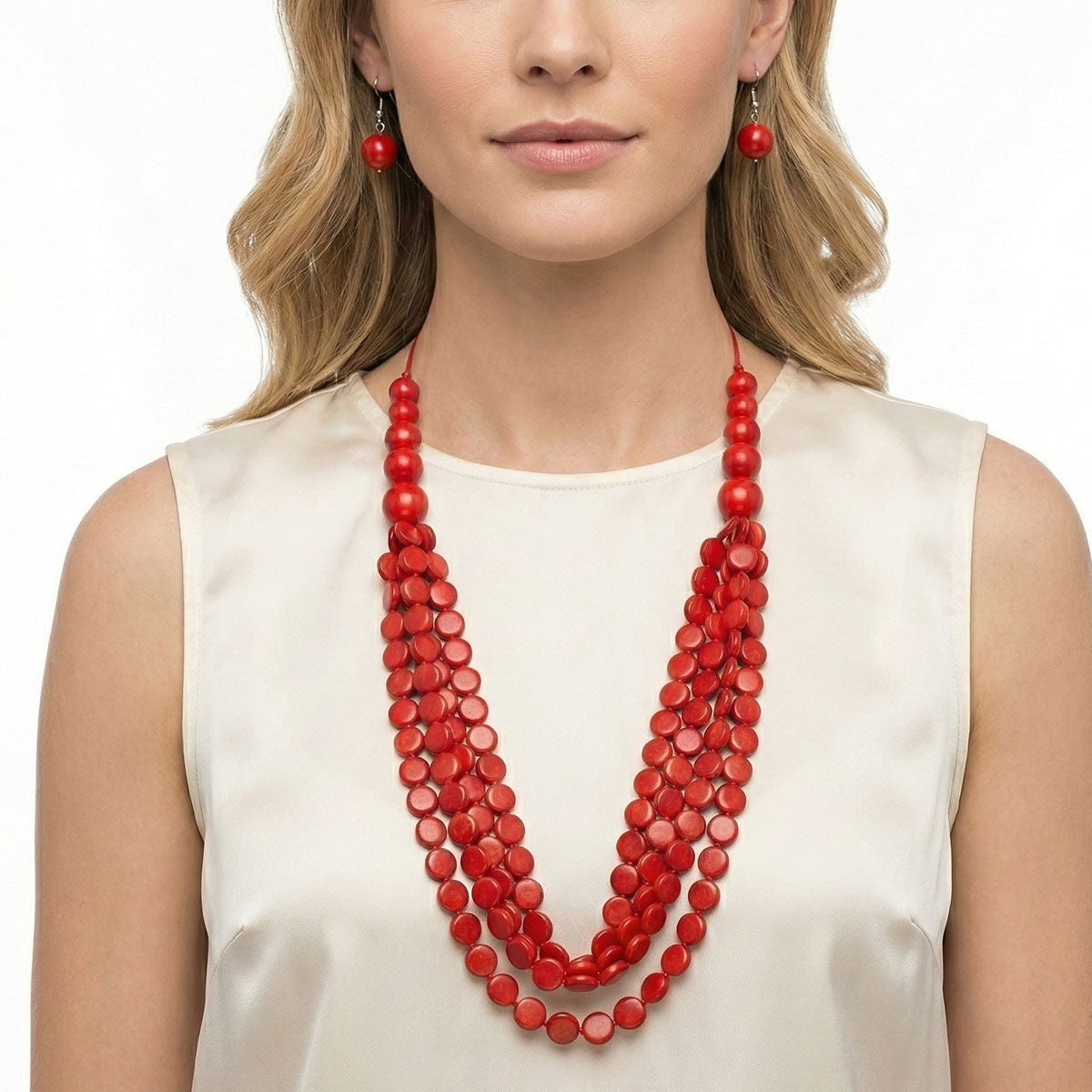 Statement Layered Beaded Toggle Necklace with Long Red Marbled Discs