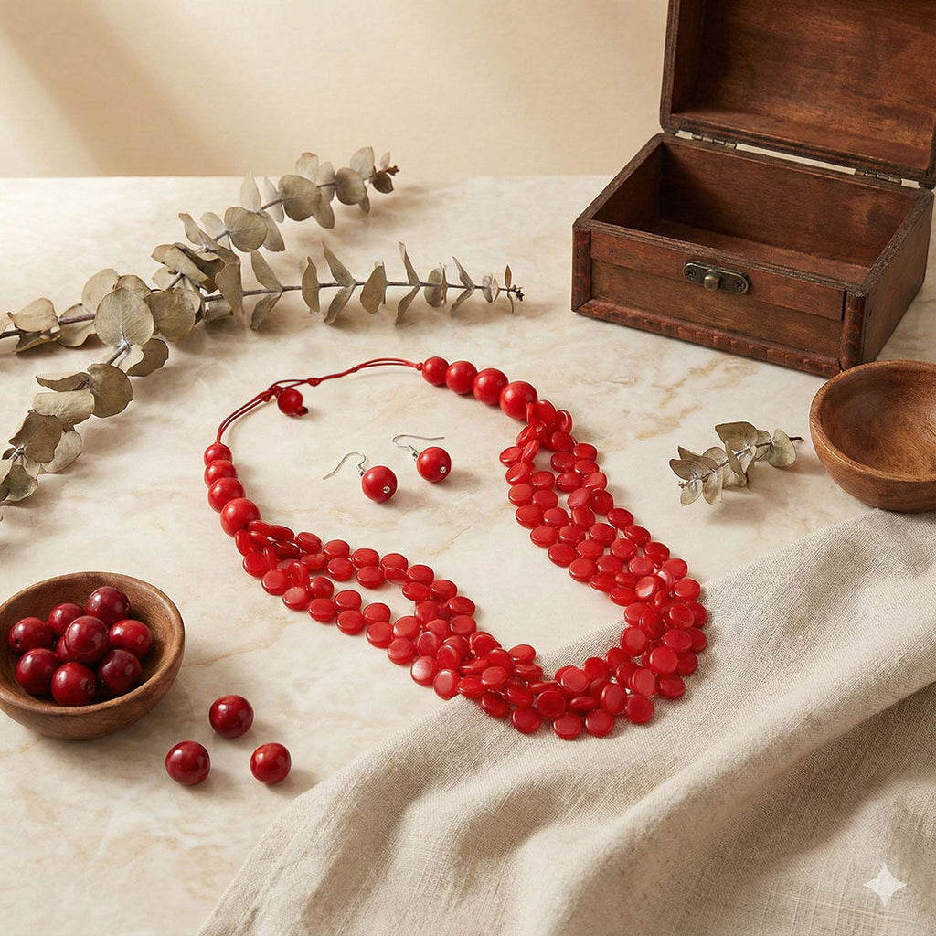 Statement Layered Beaded Toggle Necklace with Long Red Marbled Discs