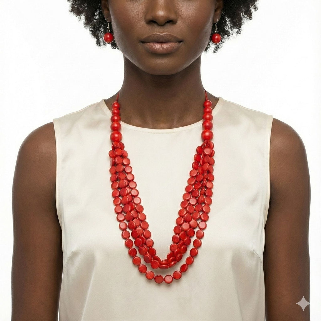 Statement Layered Beaded Toggle Necklace with Long Red Marbled Discs