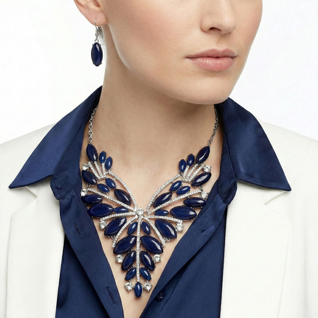 Statement Necklace Regal Tribal Blue Cracked Marquise Stylish Jewelry