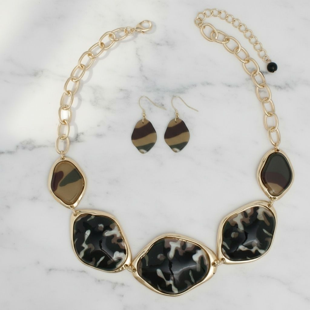 Statement Camouflage Link Necklace with Dimensional Collar Design