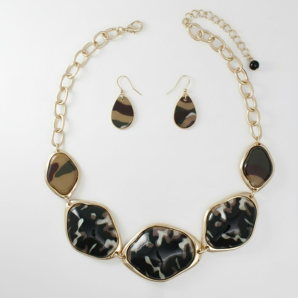 Statement Camouflage Link Necklace with Dimensional Collar Design