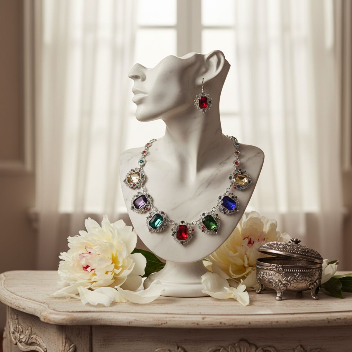 Statement Necklace Silver Filigree Multicolor Crystal Collar Stylish Chic Jewelry