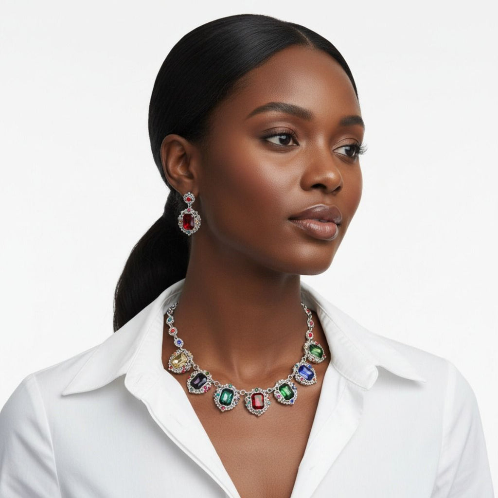 Statement Necklace Silver Filigree Multicolor Crystal Collar Stylish Chic Jewelry